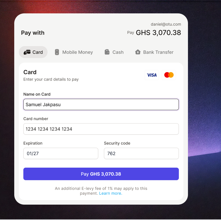 Hosted checkout screen collecting a GHS 3,070.38 payment