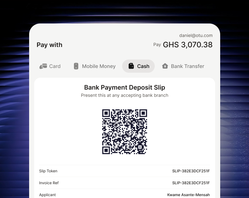 Checkout showing a bank payment deposit slip with a QR code